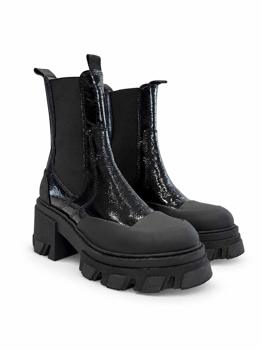 Ganni Black Patent Leather Chunky Chelsea Boots - Women size 8.5